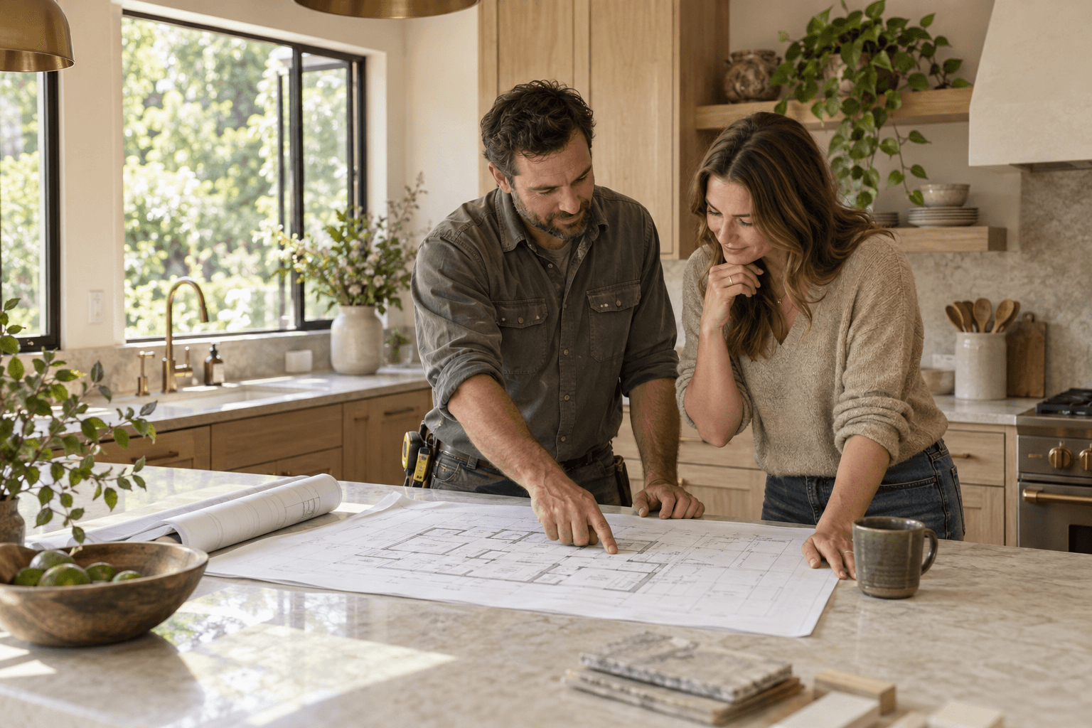 A homeowner and contractor reviewing renovation plans together in a sunlit kitchen